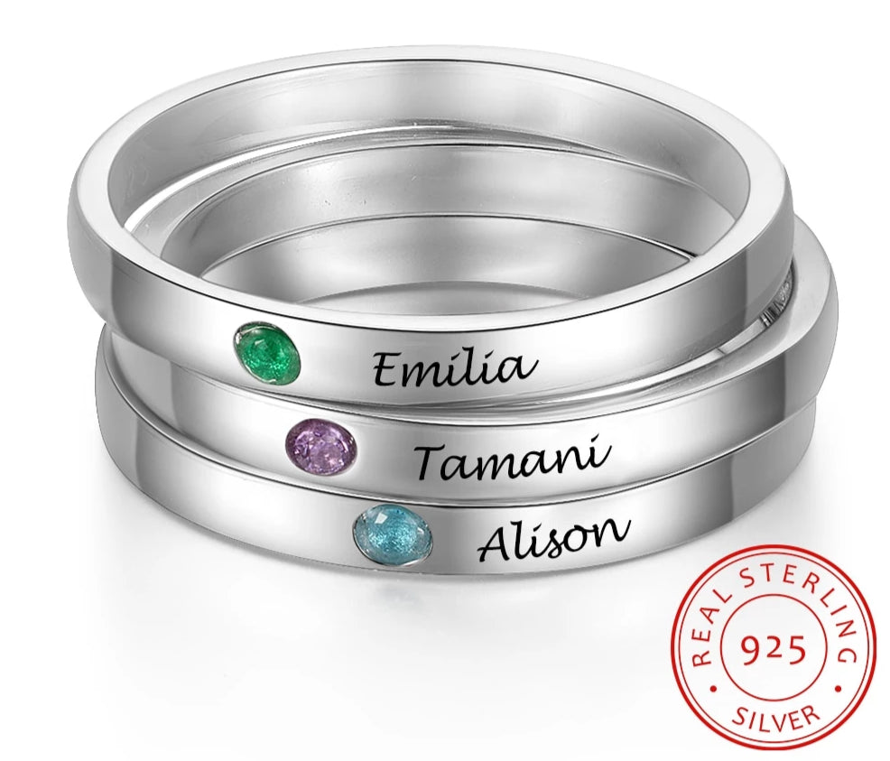 Stackable Birthstone Sterling Silver Rings with Engraving - HNS Studio
