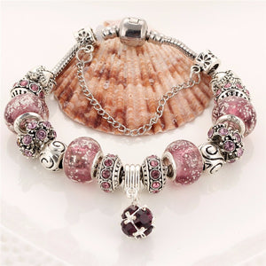Silver Plated Charm Bracelets with Pink Charms and Beads - HNS Studio