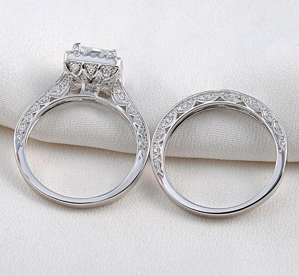 Princess Cut Sterling Silver Wedding Band Engagement Ring Set - HNS Studio