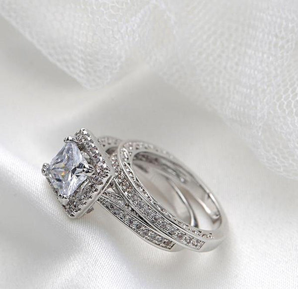 Princess Cut Sterling Silver Wedding Band Engagement Ring Set - HNS Studio