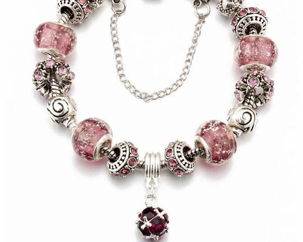 Silver Plated Charm Bracelets with Pink Charms and Beads - HNS Studio