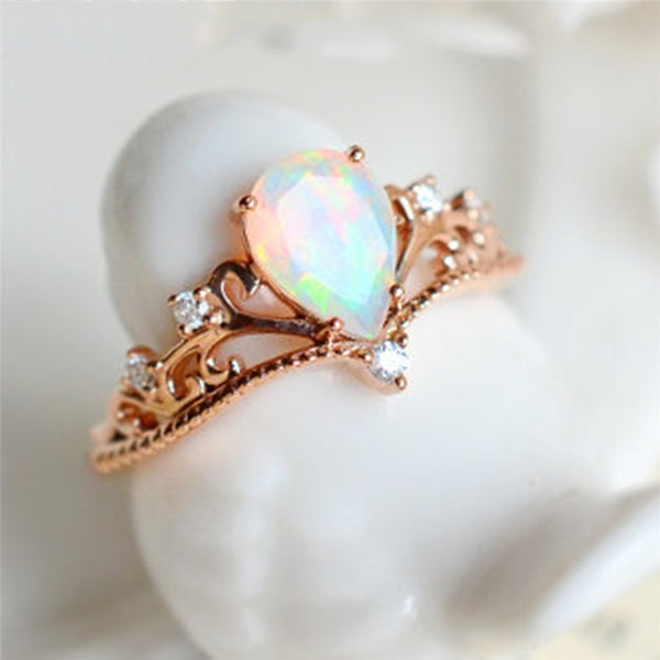 Rose Gold White Fire Opal Pear Shape Ring - HNS Studio