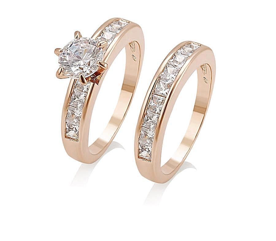 Rose Gold Wedding Engagement Ring Set Round Cubic Zirconia - HNS Studio