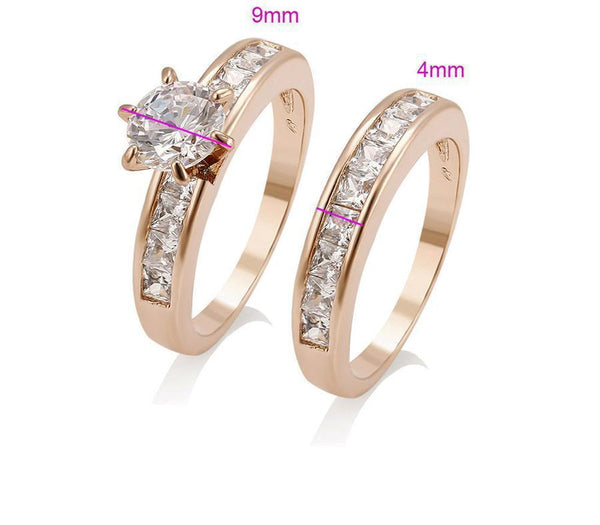 Rose Gold Wedding Engagement Ring Set Round Cubic Zirconia - HNS Studio