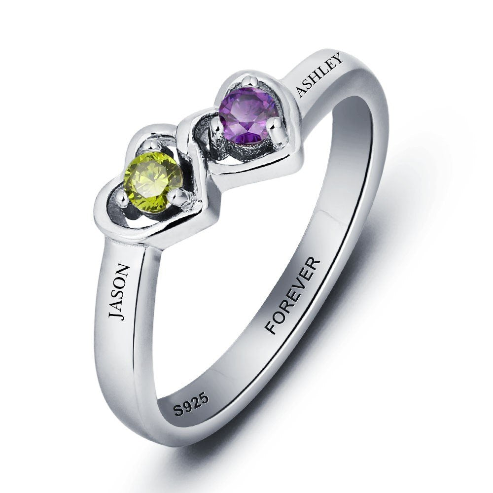 Engraved Birthstone Ring - Double Heart - Sterling Silver - HNS Studio